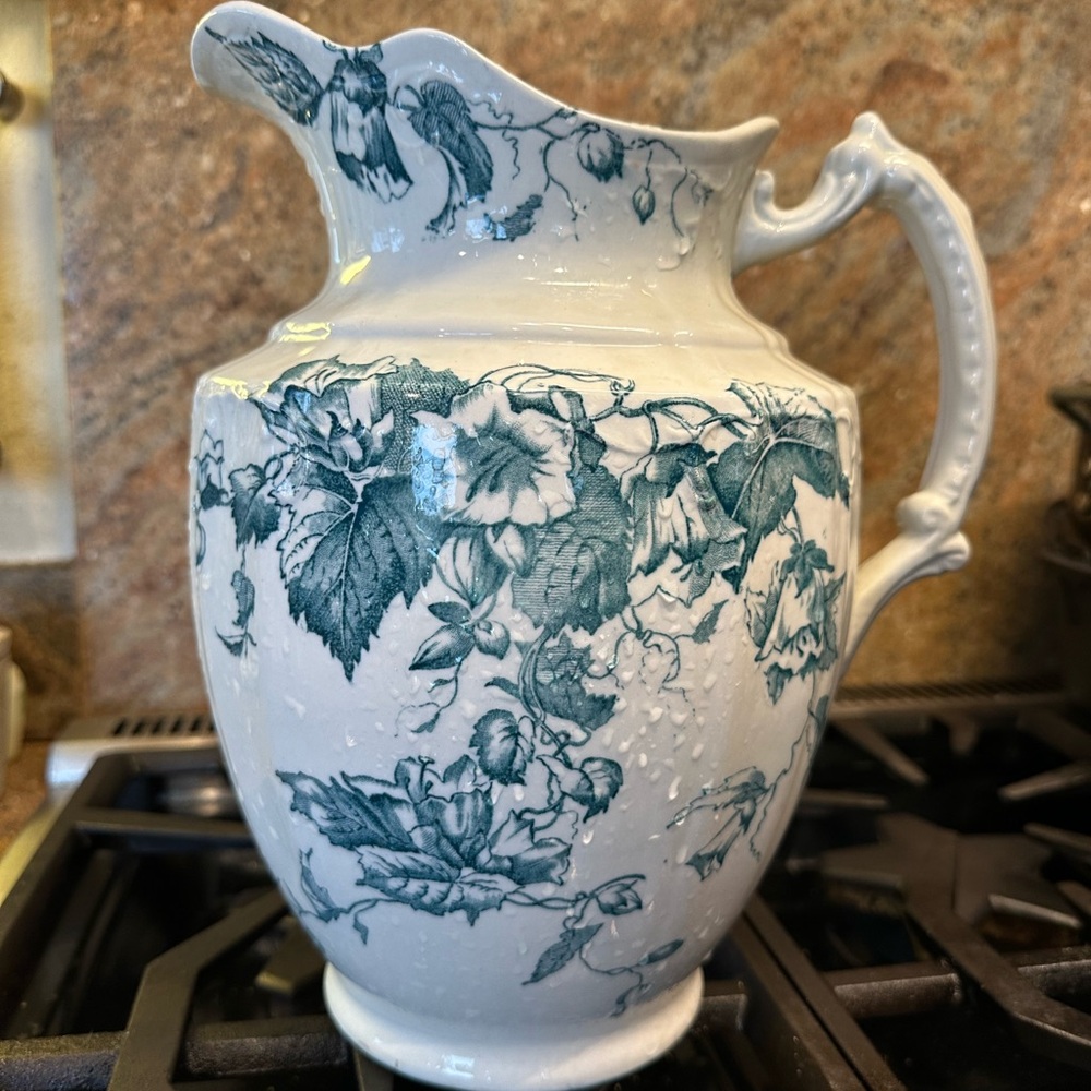 “Lily” makers mark large old floral transferware pitcher